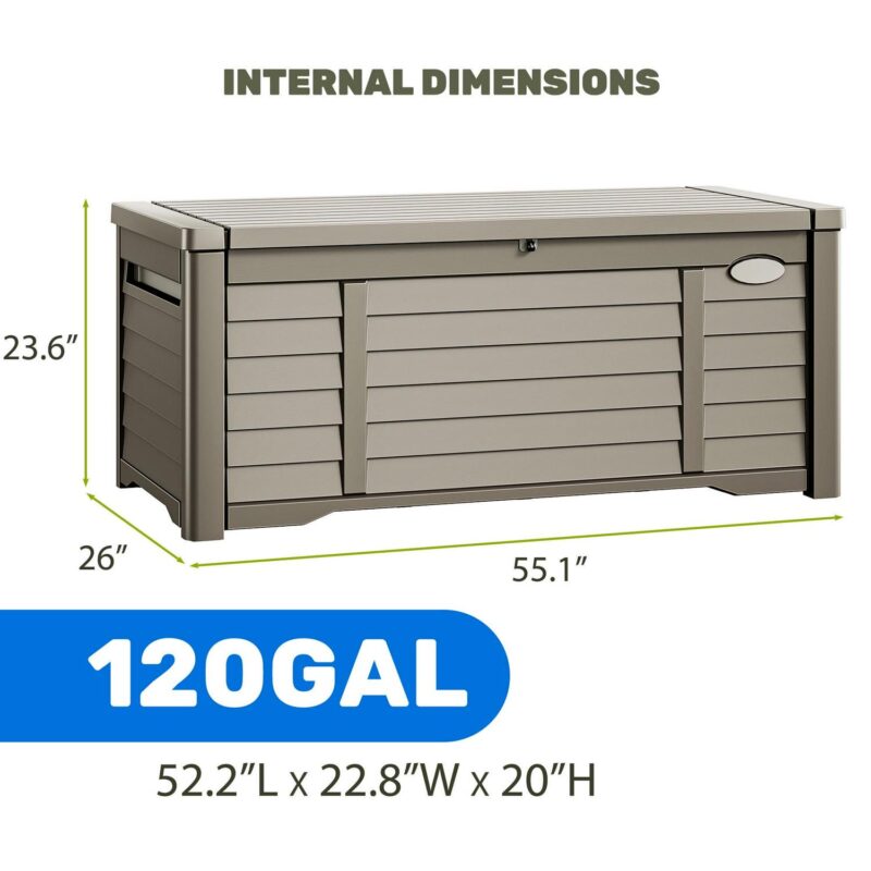 Dextrus 120 Gallon Large Outdoor Patio Deck Box,Louvered Resin Outdoor Storage Boxes,Waterproof&Lockable, Light Brown - Image 2