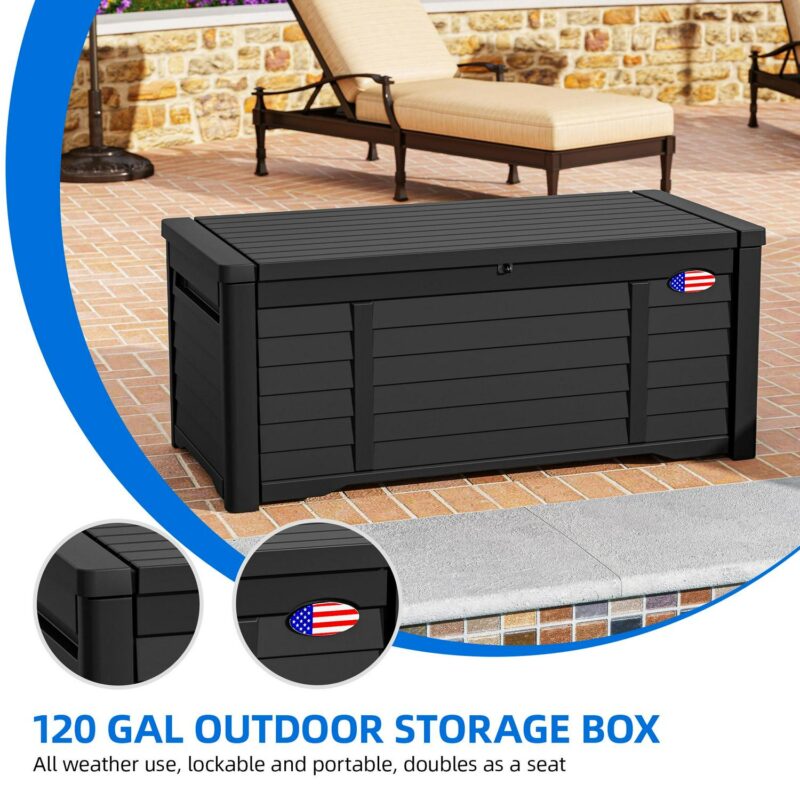 Dextrus 120 Gallon Large Lockable Deck Box,Outdoor Resin Louvered Storage box with Stickers,for Patio, Waterproof, Lockable,Black - Image 3