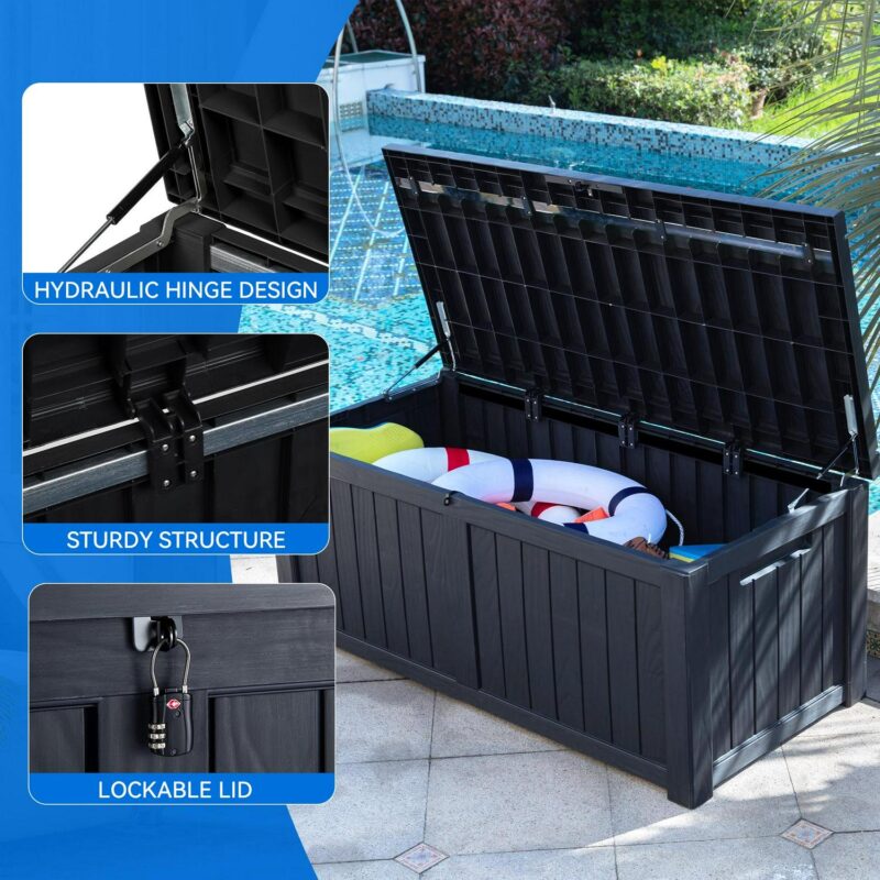 Dextrus 120 Gallon Outdoor Patio Deck Box,Waterproof Heavy Duty Large Resin Storage Box, Black - Image 3