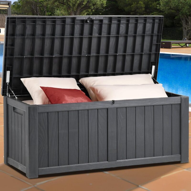 Dextrus 120 Gallon Waterproof Resin Deck Box,Indoor Outdoor Large Lockable Storage Box, Dark Grey