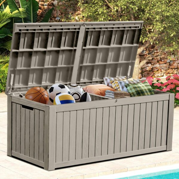 Dextrus 150 Gallon Large Resin Deck Box,Outdoor Garden Storage Box with Built-in Divider, Waterproof and Lockable,Brown