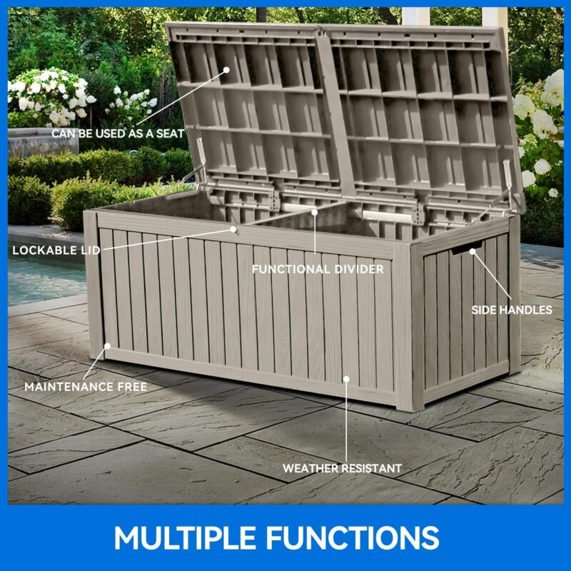 Dextrus 150 Gallon Large Resin Deck Box,Outdoor Garden Storage Box with Built-in Divider, Waterproof and Lockable,Brown - Image 3