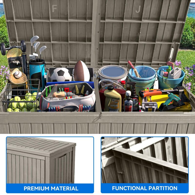 Dextrus 150 Gallon Large Resin Deck Box,Outdoor Garden Storage Box with Built-in Divider, Waterproof and Lockable,Brown - Image 4