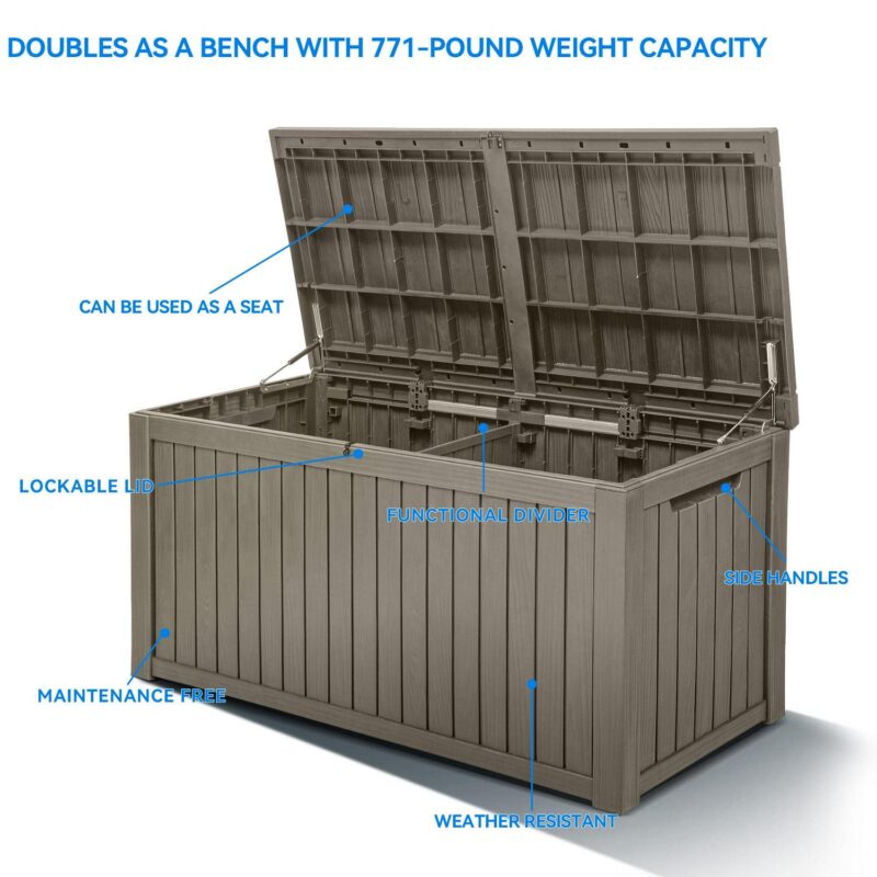 Dextrus 180 Gallon Resin Deck Box,Large Outdoor Storage box with Built-in Divide for Patio, Weatherproof and Lockable,Brown - Image 2