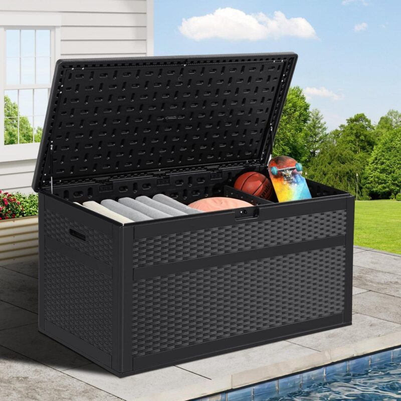 Dextrus 230 Gallon Outdoor Patio Deck Box, Large Double-Wall Resin Storage Box with Divider&Side Handles Backyard, Waterproof&Lockable, Black