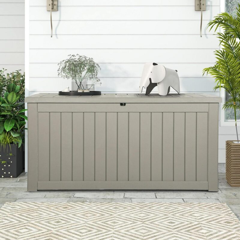 Dextrus 230 Gallon Outdoor Patio Deck Box, Large Resin Storage Box Backyard, Waterproof&Lockable, Light Brown