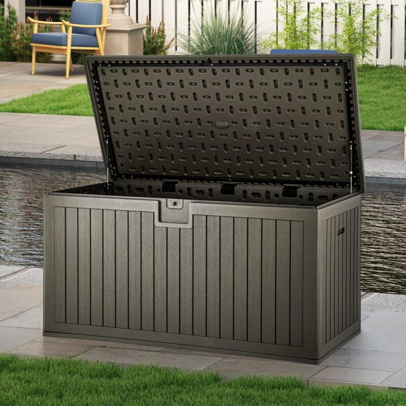 Dextrus 230 Gallon Outdoor Patio Deck Box, Large Double-Wall Resin Storage Box with Divider&Side Handles Backyard, Waterproof&Lockable, Light Brown - Image 6