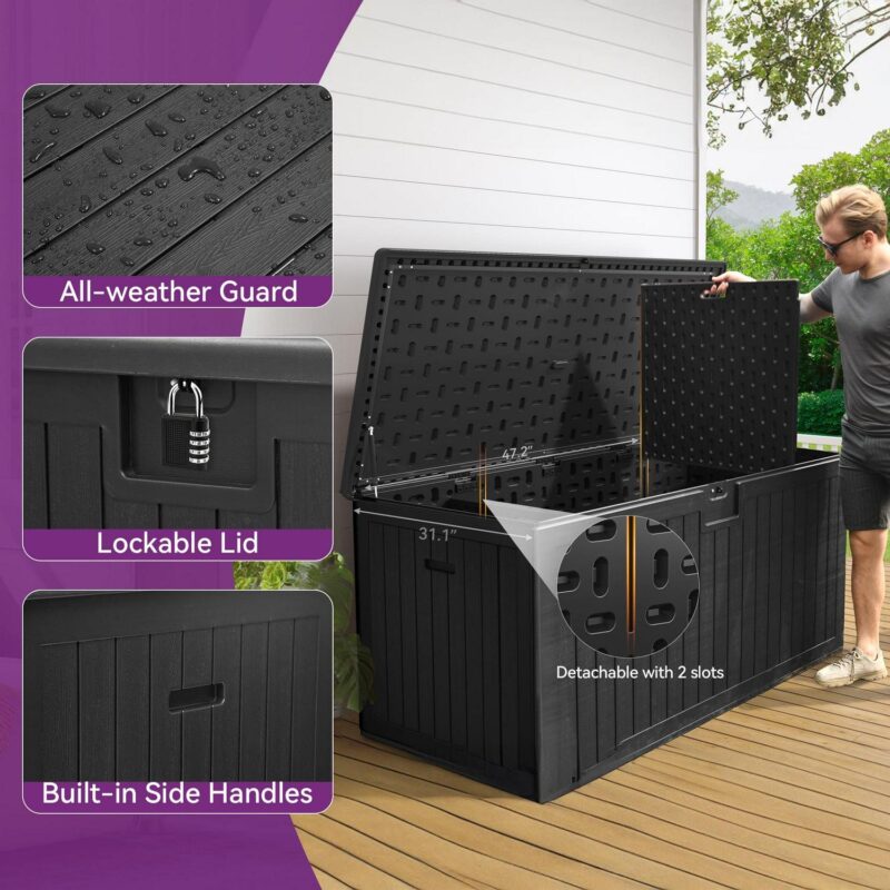 Dextrus 230 Gallon Resin Deck Box Large Outdoor Storage for Patio Furniture, Garden Tools, Pool Supplies, Weatherproof and UV Resistant, Black - Image 3