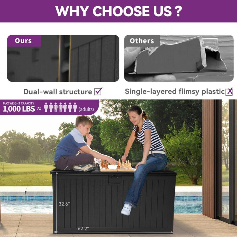 Dextrus 230 Gallon Resin Deck Box Large Outdoor Storage for Patio Furniture, Garden Tools, Pool Supplies, Weatherproof and UV Resistant, Black - Image 5