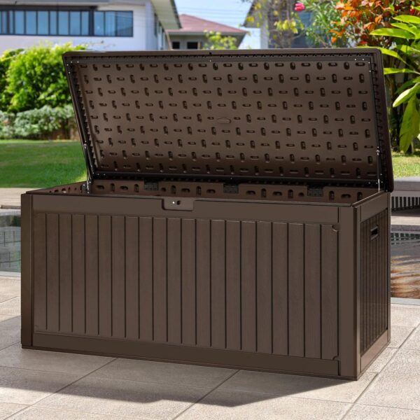 Dextrus 260 Gallon Outdoor Patio Deck Box, Large Double-Wall Resin Storage Box with Divider&Side Handles Backyard, Waterproof&Lockable, Brown