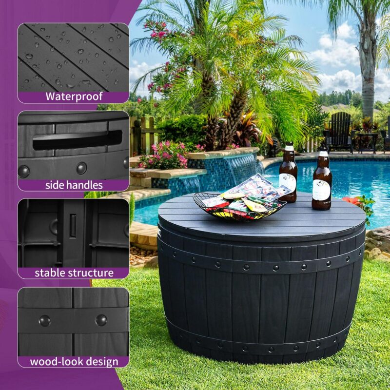 Dextrus 33 Gallon Outdoor Resin Storage Box, Waterproof Round Deck Box for Patio Furniture, Cushions, Pool Accessories, Easy Assembly -Black - Image 3