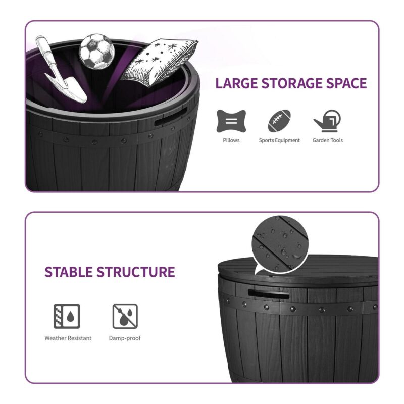 Dextrus 33 Gallon Outdoor Resin Storage Box, Waterproof Round Deck Box for Patio Furniture, Cushions, Pool Accessories, Easy Assembly -Black - Image 5