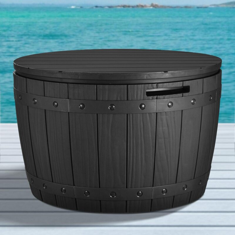 Dextrus 33 Gallon Waterproof Resin Outdoor Deck Box, Lightweight Round Storage Box for Patio Furniture, Cushions, Pool Accessories, and Toys, Easy Assembly - Black
