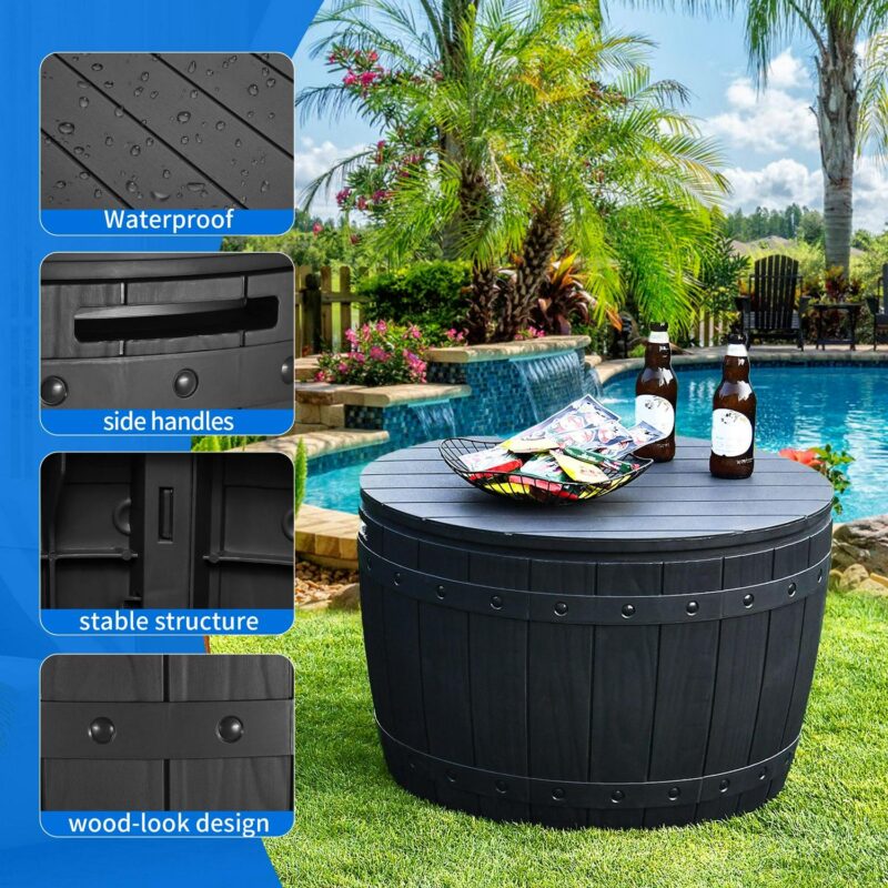 Dextrus 33 Gallon Waterproof Resin Outdoor Deck Box, Lightweight Round Storage Box for Patio Furniture, Cushions, Pool Accessories, and Toys, Easy Assembly - Black - Image 3