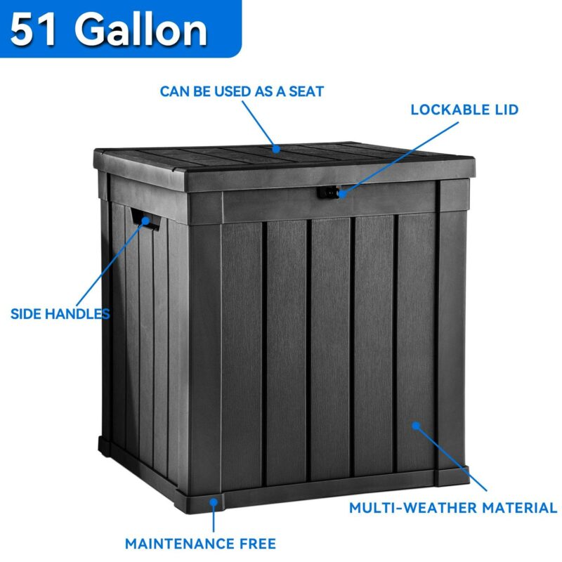 Dextrus 51 Gallon Deck Box ,Outdoor Storage Container for Patio Cushions, Garden Tools, Lockable Lid and Side Handles, Black - Image 3