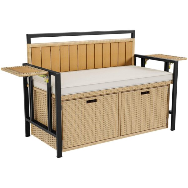 Dextrus 70 Gallon Outdoor Storage w/Extension Board and Cushion, Wicker Storage Deck Box w/Seat, Rattan Storage Seating for Patio Furniture, Outdoor Cushions, Pool Storage, Garden Tool -Wood Tone&Beige