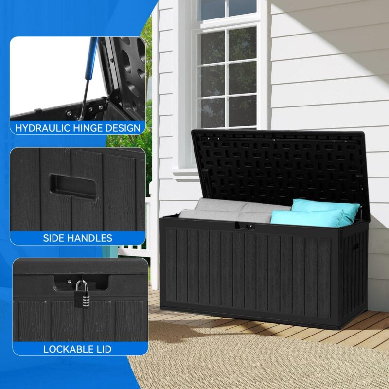 Dextrus 86 Gallon Large Deck Box, Double-Wall Resin Outdoor Storage Boxes, Deck Storage for Patio Furniture, Cushions, Pool Float, Garden Tools, Lockable and Waterproof (Black) - Image 4