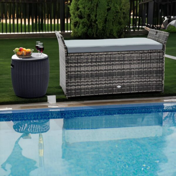 Dextrus 90 Gallon Outdoor Wicker Storage Bench with Cushion, Large PE Rattan Deck Storage Box w/Handles and Hydraulics for Patio Furniture, Cushions, Garden Tools, Pool and Sports Equipment, Light Gray