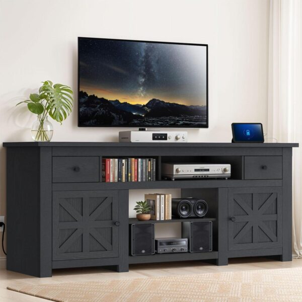 Dextrus Country-style Media Console, TV Cabinet with Built-in Power Socket for Screens up to 80'', Television Stand with Adjustable Divider and Drawer Storage, Vintage TV Unit for Lounge, Black