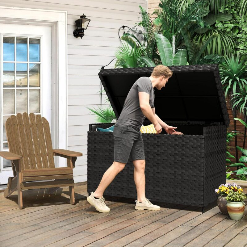 Dextrus Deck Box- 230 Gallon Wicker Large Outdoor Storage Box, Waterproof Patio Furniture and Storage Deck, Rattan Storage Bin - Black - Image 8
