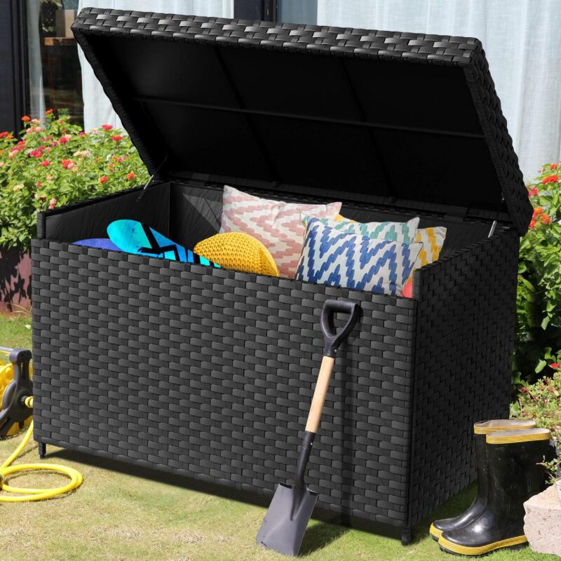 Dextrus Deck Box- 230 Gallon Wicker Large Outdoor Storage Box, Waterproof Patio Furniture and Storage Deck, Rattan Storage Bin - Black - Image 4