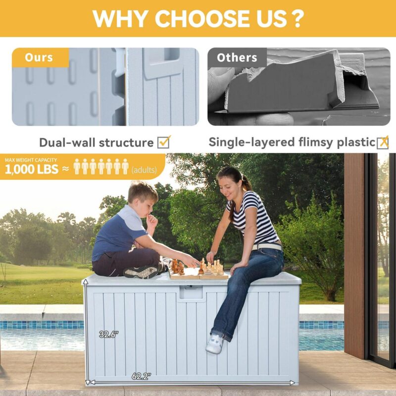 Dextrus Extra-large Outdoor Storage Deck Box, 230 Gallon Resin Patio Storage Box for Outdoor Pillows, Garden Tools, and Pool Supplies with Adjustable Partition, Weatherproof, Secure (Grayish-White) - Image 3