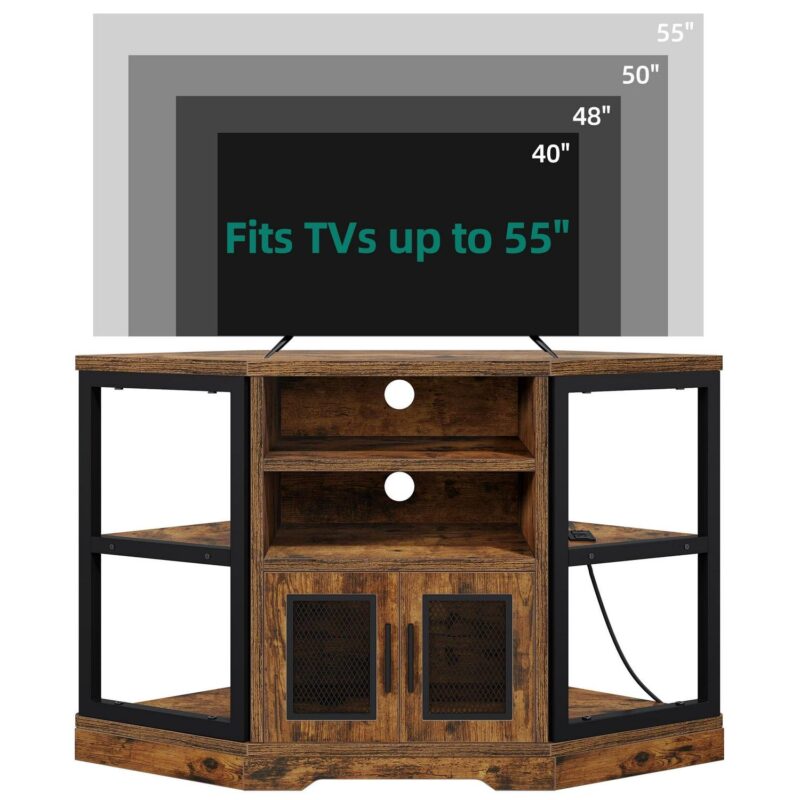 Dextrus Farmhouse Corner TV Stand for TVs up to 55 inch with Power Outlet, Wood Entertainment Center, TV Media Console with Storage, Walnut - Image 4