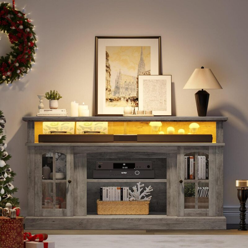 Dextrus Farmhouse LED TV Stand for TVs up to 65'', Wood TV Media Console Entertainment Center for Living Room, Rustic Gray - Image 2
