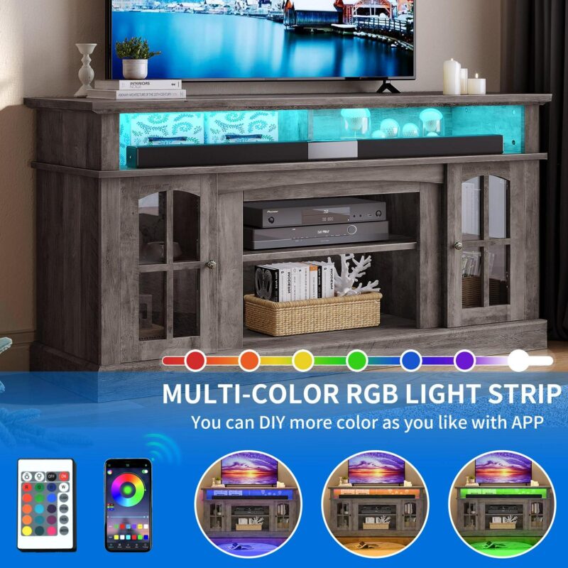 Dextrus Farmhouse LED TV Stand for TVs up to 65'', Wood TV Media Console Entertainment Center for Living Room, Rustic Gray - Image 3