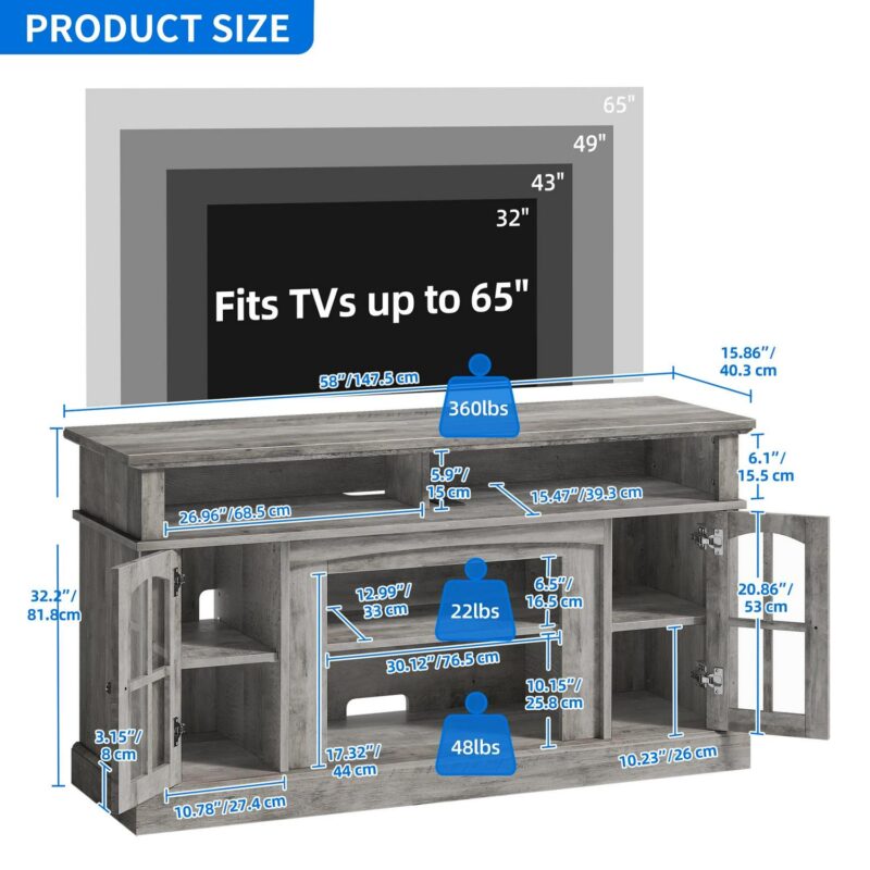 Dextrus Farmhouse LED TV Stand for TVs up to 65'', Wood TV Media Console Entertainment Center for Living Room, Rustic Gray - Image 5