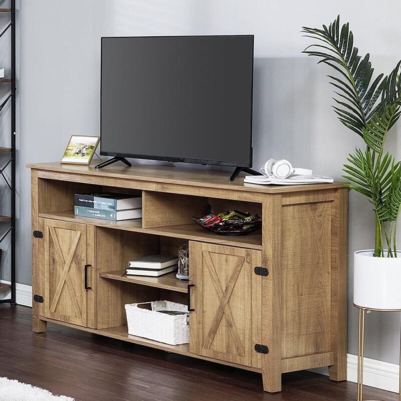 Dextrus Farmhouse TV Stand for 65 Inch TV, Barn Door Entertainment Center, Rustic TV Media Console Storage Cabinet for Living Room, Brown - Image 2