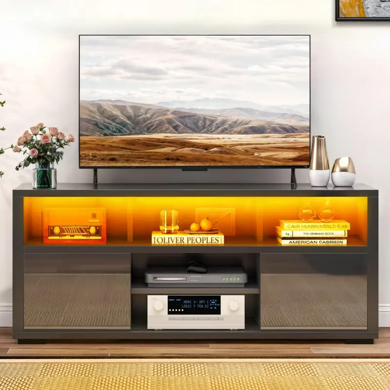 Dextrus High Gloss TV Stand with LED Ambient Lights, Modern TV Stand with Open Shelf Storage Cabinet for 55 inch TV, Black - Image 2