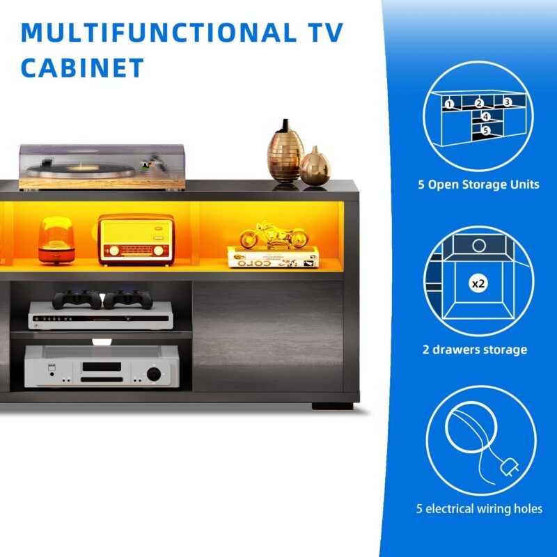 Dextrus High Gloss TV Stand with LED Ambient Lights, Modern TV Stand with Open Shelf Storage Cabinet for 55 inch TV, Black - Image 4