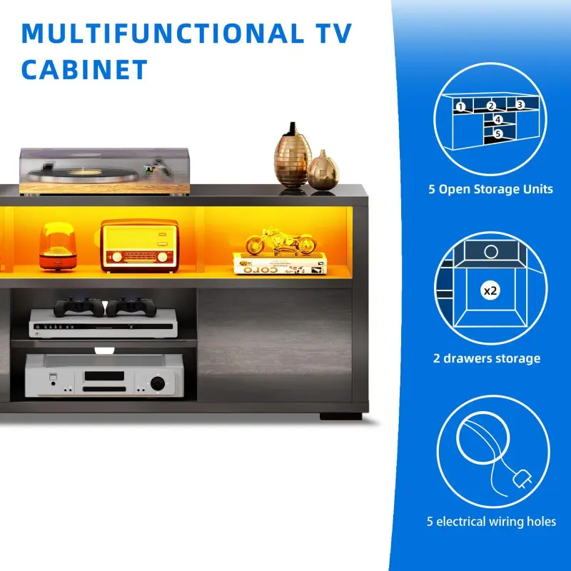 Dextrus High Gloss TV Stand with LED Ambient Lights, Modern TV Stand with Open Shelf Storage Cabinet for 55 inch TV, Black - Image 4