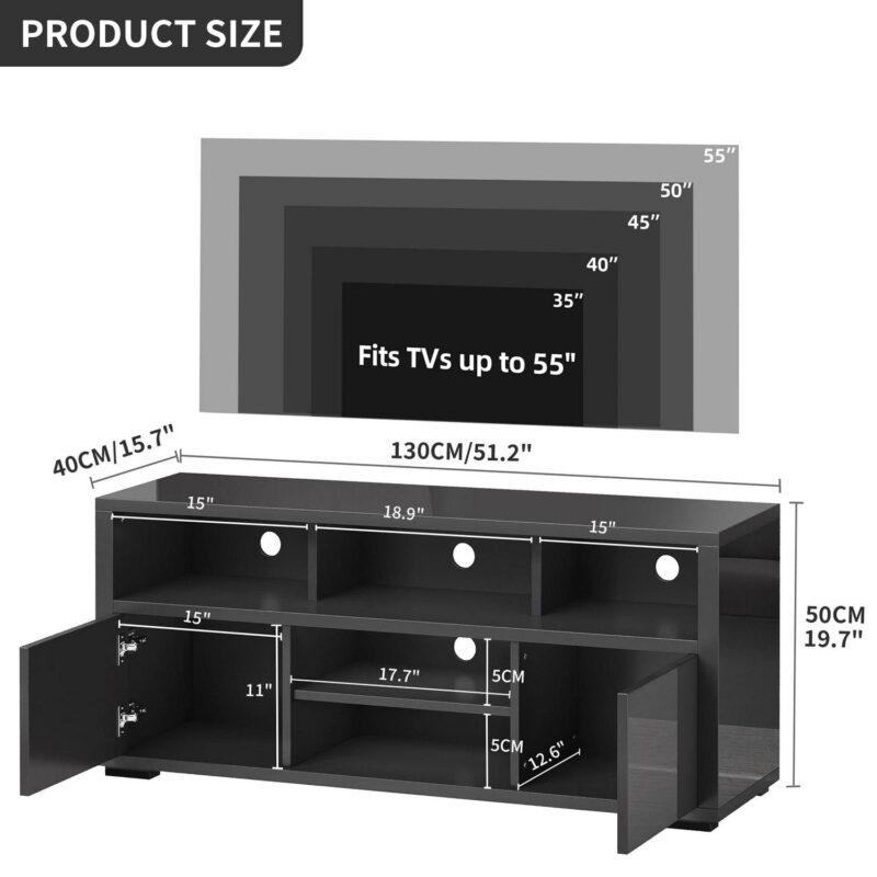 Dextrus High Gloss TV Stand with LED Ambient Lights, Modern TV Stand with Open Shelf Storage Cabinet for 55 inch TV, Black - Image 5