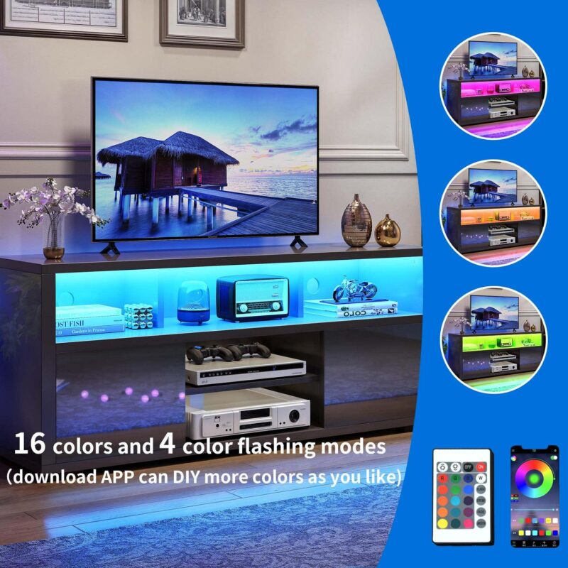 Dextrus High Gloss TV Stand with LED Ambient Lights, Modern TV Stand with Open Shelf Storage Cabinet for 55 inch TV, Black - Image 3