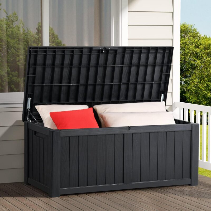 Dextrus Large Outdoor Storage Deck Box, 120 Gallon Resin Patio Storage with Hydraulic Pistons for Outdoor Pillows, Garden Tools, and Pool Supplies, Lockable and Waterproof (Black)