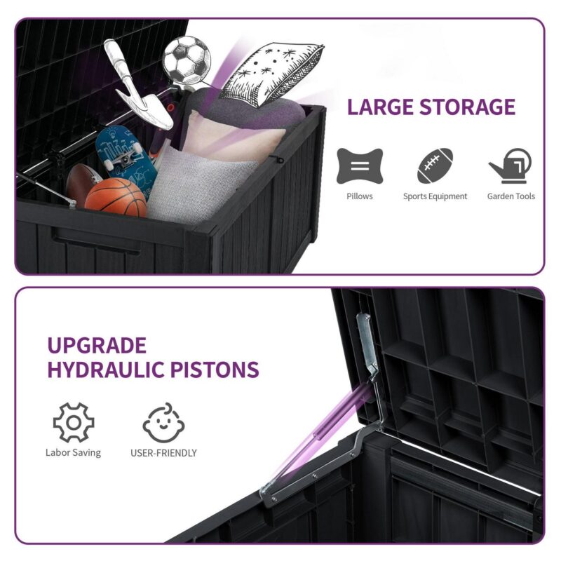 Dextrus Large Outdoor Storage Deck Box, 120 Gallon Resin Patio Storage with Hydraulic Pistons for Outdoor Pillows, Garden Tools, and Pool Supplies, Lockable and Waterproof (Black) - Image 3