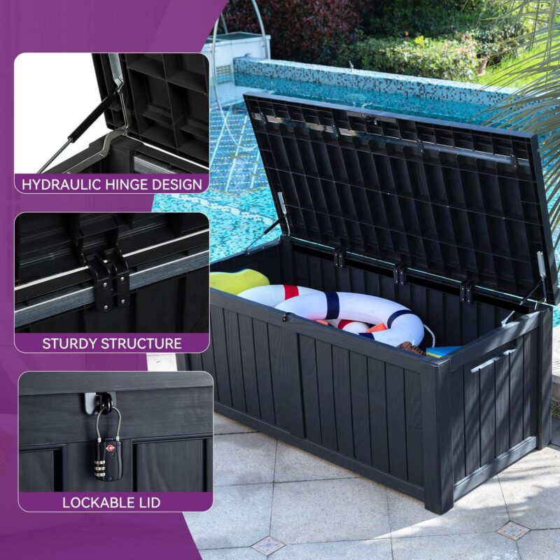 Dextrus Large Outdoor Storage Deck Box, 120 Gallon Resin Patio Storage with Hydraulic Pistons for Outdoor Pillows, Garden Tools, and Pool Supplies, Lockable and Waterproof (Black) - Image 4
