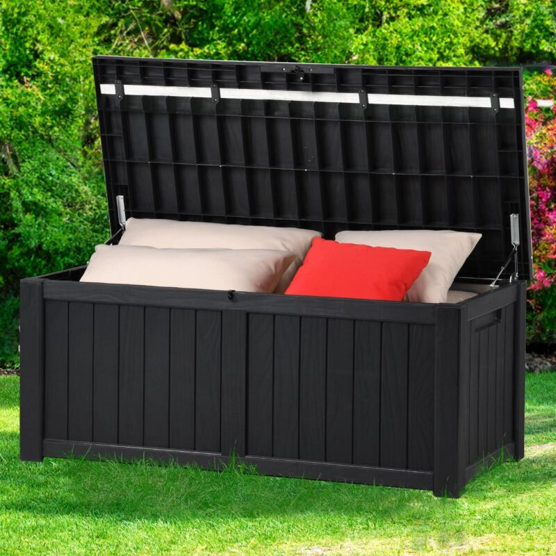 Dextrus Large Outdoor Storage Deck Box, 120 Gallon Resin Patio Storage with Hydraulic Pistons for Outdoor Pillows, Garden Tools, and Pool Supplies, Lockable and Waterproof (Black) - Image 6