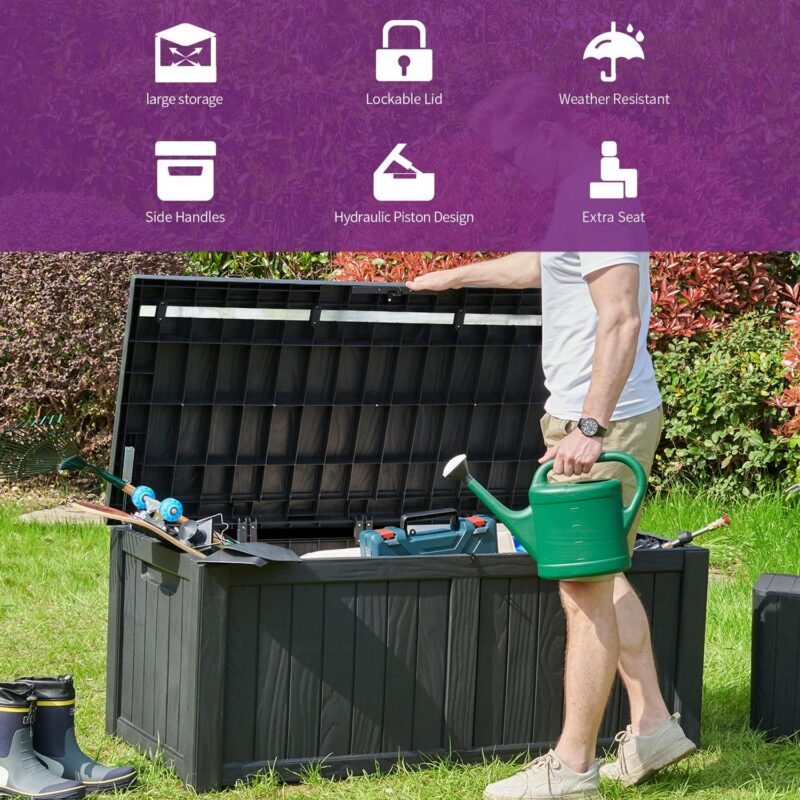 Dextrus Large Outdoor Storage Deck Box, 120 Gallon Resin Patio Storage with Hydraulic Pistons for Outdoor Pillows, Garden Tools, and Pool Supplies, Lockable and Waterproof (Black) - Image 5