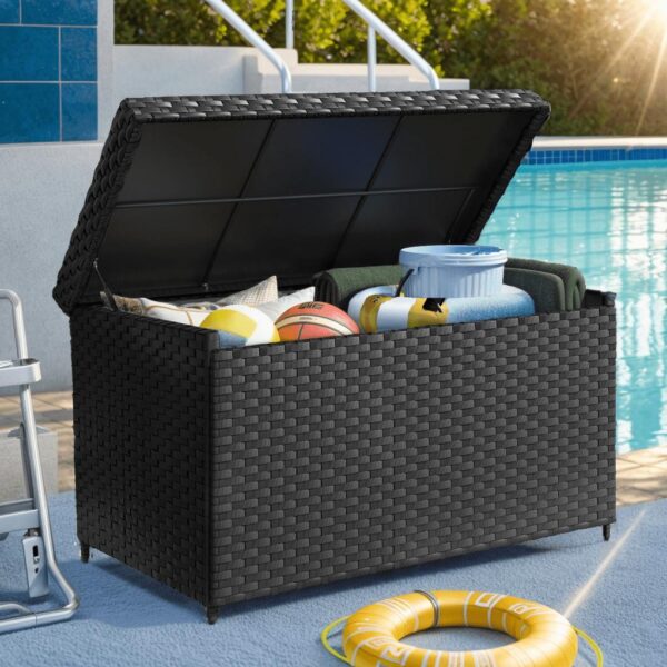 Dextrus Outdoor Patio Deck Box Storage Waterproof Heavy Duty Large Organizer,170 Gallon Wicker Rattan Storage Bin, Pool - Black