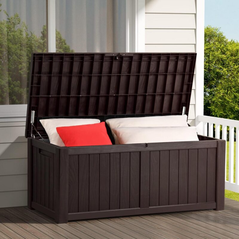 Dextrus Outdoor Storage Deck Box for Outdoor Pillows and Pool Supplies - Large Resin Patio Storage 120 Gallon Capacity, Lockable Lid, Waterproof (Brown)