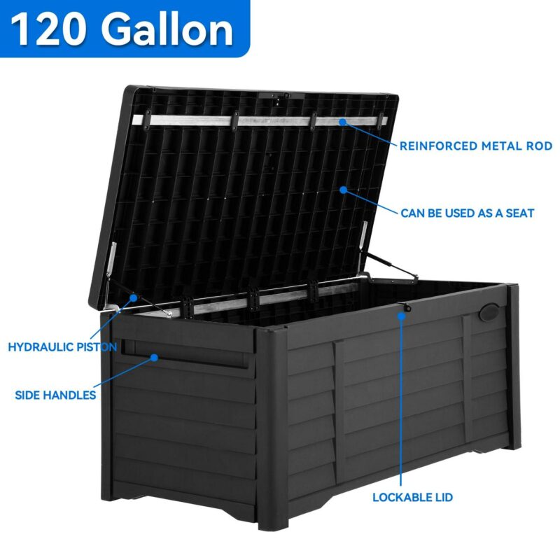 Dextrus Spacious Outdoor Large Deck Box 120 Gallon, Oversized Waterproof Patio Storage Container,Louvered Resin Outdoor Storage for Cushions, Yard Tools and Pool Accessories, Lockable, Black - Image 3