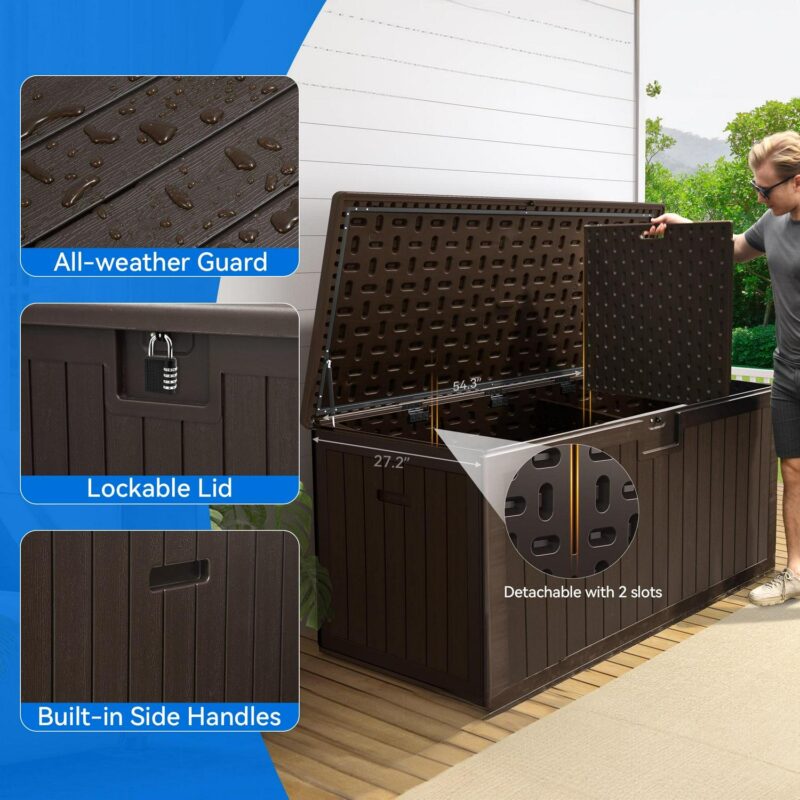 Dextrus XL 150 Gallon Large Deck Box, Outdoor Storage for Patio Furniture Cushions, Garden Tools and Pool Toys with Flexible Divider, Waterproof, Lockable (Brown) - Image 5