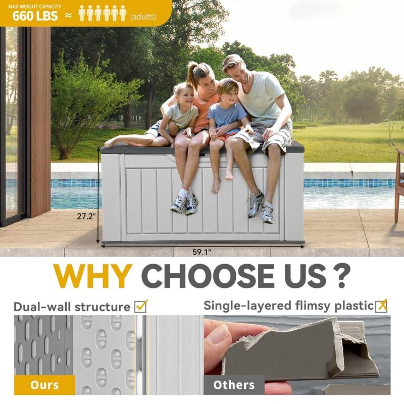 Dextrus XL 160 Gallon Large Deck Box, Waterproof Outdoor Storage Box for Patio Furniture Cushions, Garden Tools and Pool Supplies,Weather Resistant Resin, Lockable, Light Grey - Image 5