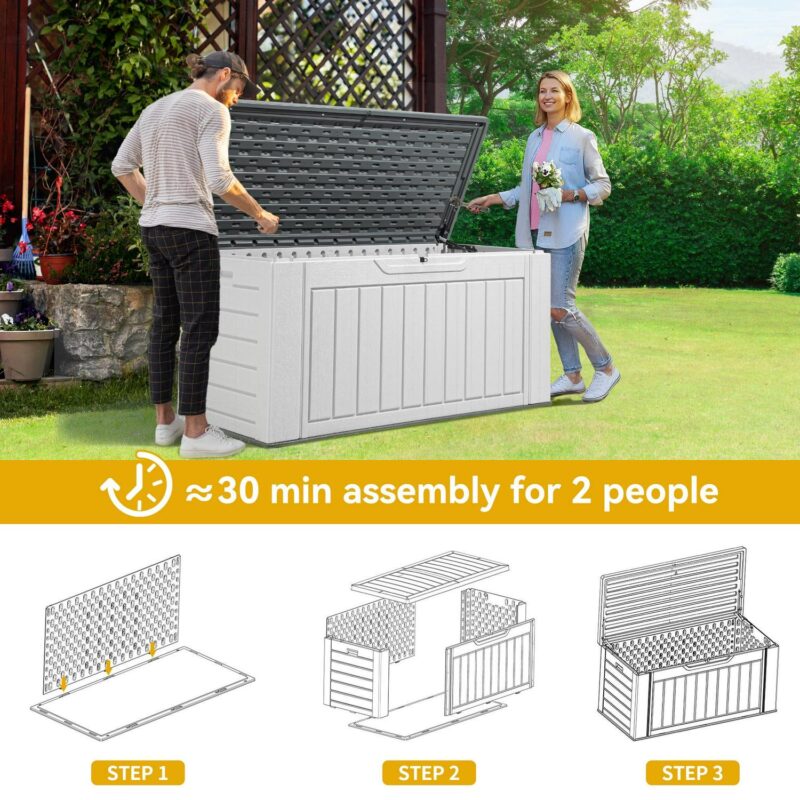 Dextrus XL 160 Gallon Large Deck Box, Waterproof Outdoor Storage Box for Patio Furniture Cushions, Garden Tools and Pool Supplies,Weather Resistant Resin, Lockable, Light Grey - Image 6