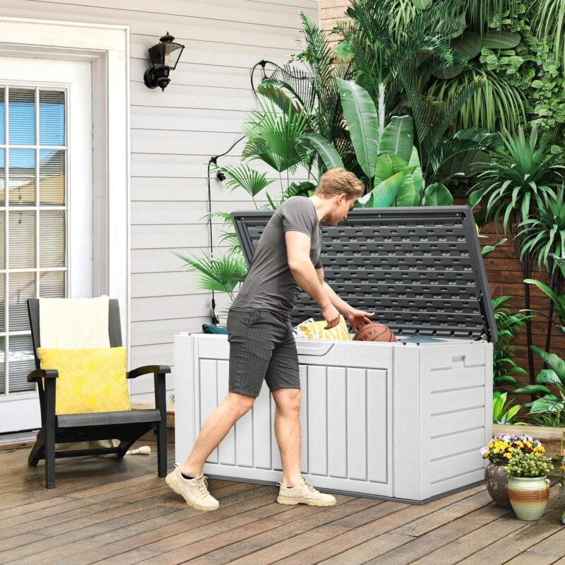 Dextrus XL 160 Gallon Large Deck Box, Waterproof Outdoor Storage Box for Patio Furniture Cushions, Garden Tools and Pool Supplies,Weather Resistant Resin, Lockable, Light Grey - Image 2