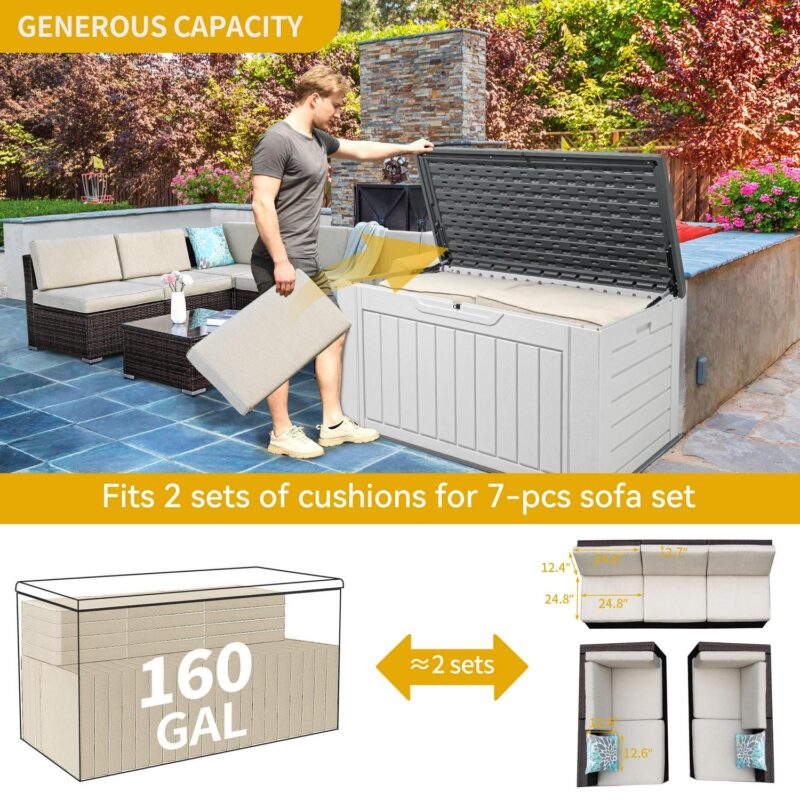 Dextrus XL 160 Gallon Large Deck Box, Waterproof Outdoor Storage Box for Patio Furniture Cushions, Garden Tools and Pool Supplies,Weather Resistant Resin, Lockable, Light Grey - Image 7