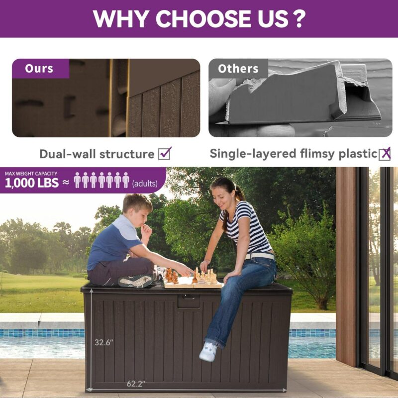 Dextrus XXL 230 Gallon Large Deck Box,Outdoor Storage for Patio Furniture Cushions,Garden Tools and Pool Toys with Flexible Divider,Waterproof,Lockable (Brown) - Image 4